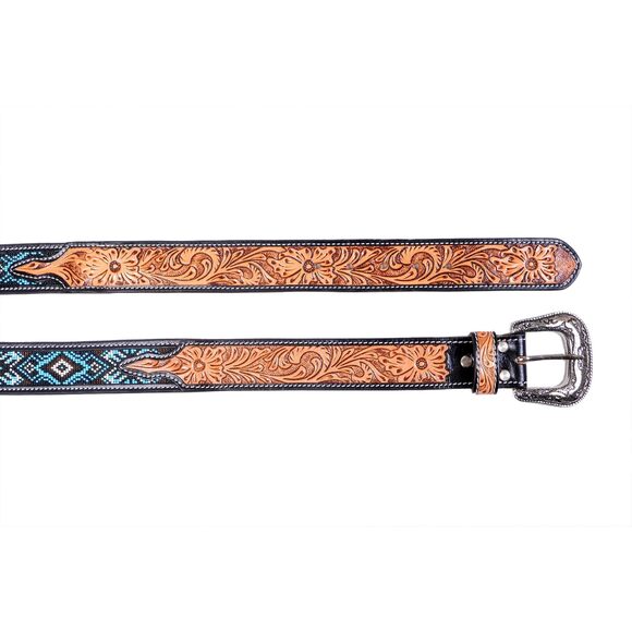 5466 Western Tooled Leather Beaded Belt For Men And Women main image 5